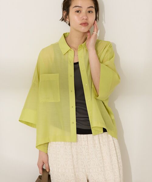 ブラウス シャツ ●ダブルポケット付き スリット入り シアー半袖シャツ レディース AMERICAN HOLIC ブラウス シャツ Wポケットシアー半袖シャツ
