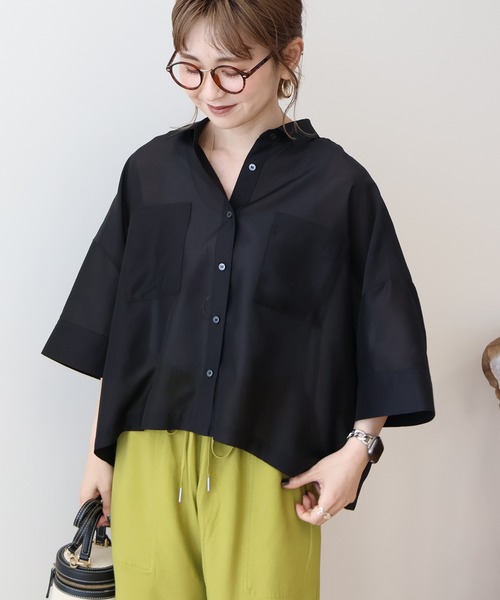 ブラウス シャツ ●ダブルポケット付き スリット入り シアー半袖シャツ レディース AMERICAN HOLIC ブラウス シャツ Wポケットシアー半袖シャツ