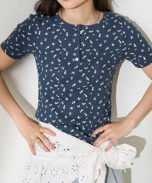 tシャツ 花柄針抜きフライス ヘンリートップス レディース FREAK'S STORE tシャツ 花柄針抜きフライス ヘンリートップス