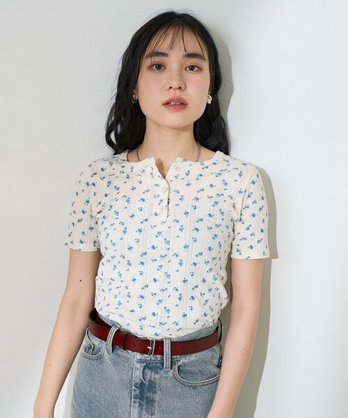 tシャツ 花柄針抜きフライス ヘンリートップス レディース FREAK'S STORE tシャツ 花柄針抜きフライス ヘンリーTシャツ
