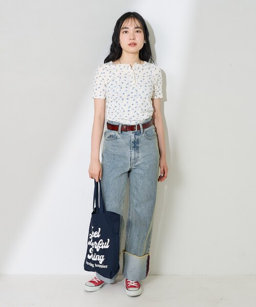 FREAK'S STORE tシャツ 花柄針抜きフライス ヘンリーTシャツ