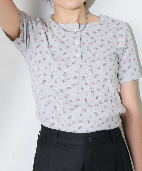 tシャツ 花柄針抜きフライス ヘンリートップス レディース FREAK'S STORE tシャツ 花柄針抜きフライス ヘンリーTシャツ