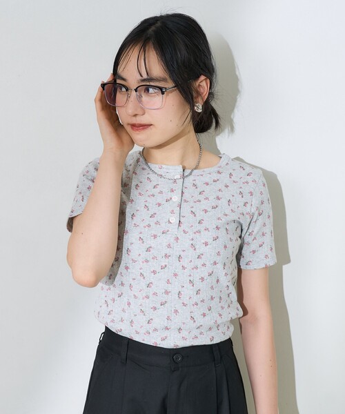 tシャツ 花柄針抜きフライス ヘンリートップス レディース FREAK'S STORE tシャツ 花柄針抜きフライス ヘンリートップス