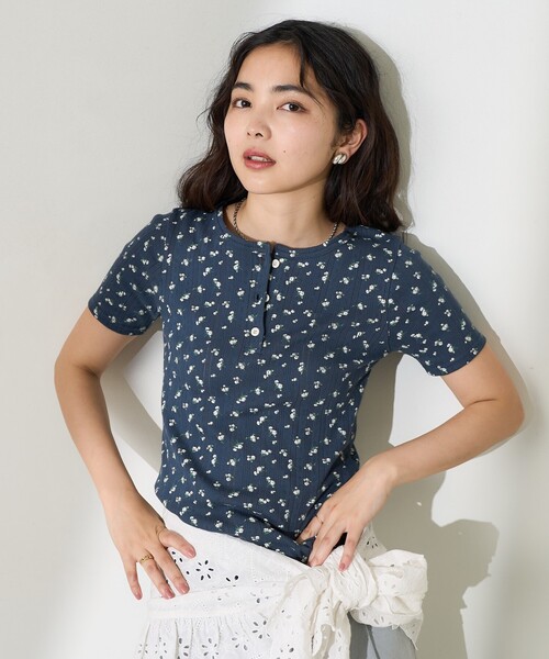 tシャツ 花柄針抜きフライス ヘンリートップス レディース FREAK'S STORE tシャツ 花柄針抜きフライス ヘンリーTシャツ