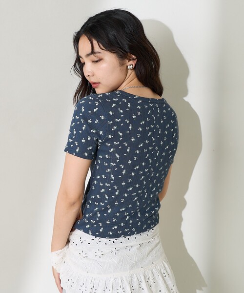 tシャツ 花柄針抜きフライス ヘンリートップス レディース FREAK'S STORE tシャツ 花柄針抜きフライス ヘンリートップス