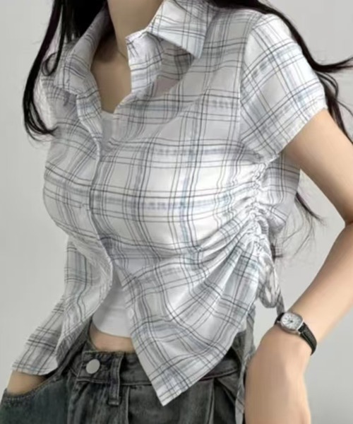 Girly Doll ブラウス シャツ サイドシャーリングチェックシャツ