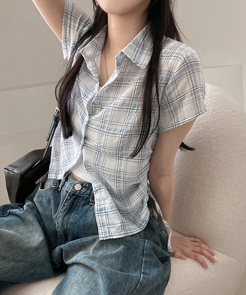 Girly Doll ブラウス シャツ サイドシャーリングチェックシャツ