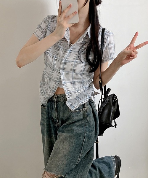 Girly Doll ブラウス シャツ サイドシャーリングチェックシャツ