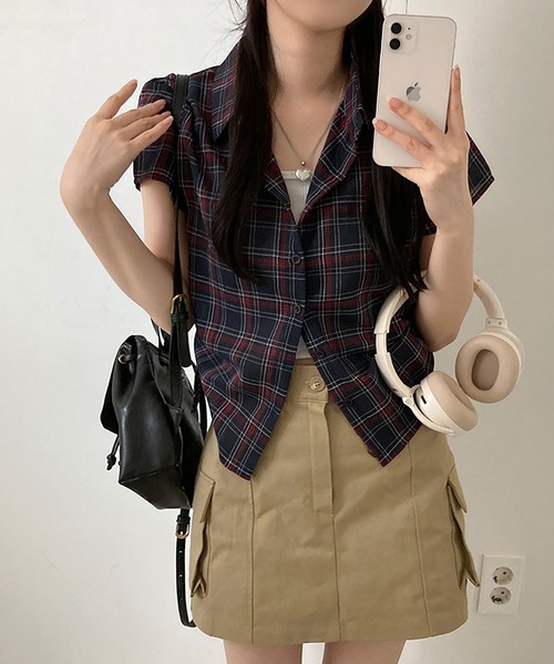 Girly Doll ブラウス シャツ サイドシャーリングチェックシャツ