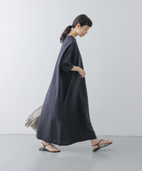 かぐれ 24SS リネン レーヨン ワイド ワンピース 黒　フリー　ポケット付き かぐれ ワンピース 「2サイズ展開」リネンレーヨンワイド