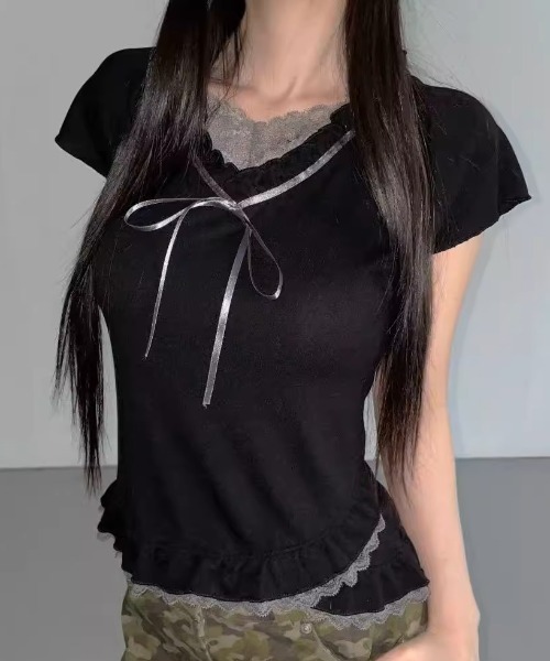 tシャツ A'GEM/9 × .kom 「.KOM/ドットケーオーエム」 フリルリボンTEE レディース