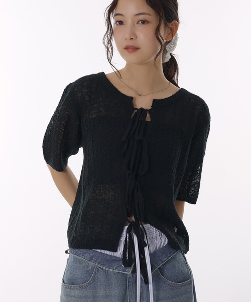 LACE UP RIBBON カーディガン MUHET（ミュエータ） カーディガン ribbon lace-up knit cardigan