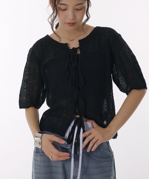 MUHET（ミュエータ） カーディガン 半袖 ribbon lace-up knit cardigan