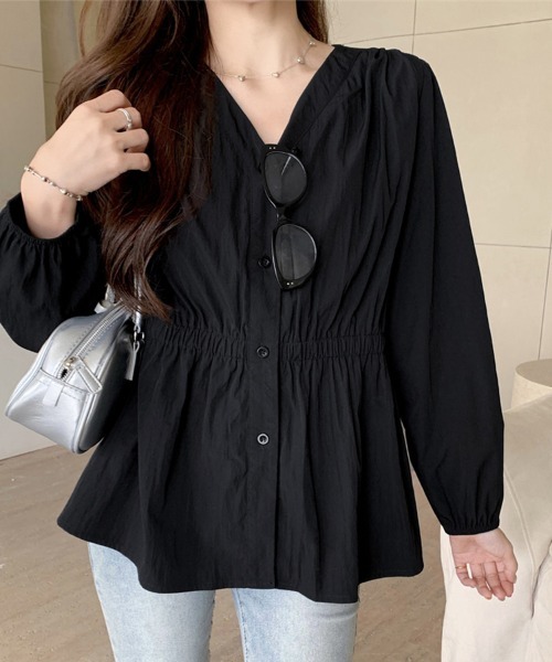 ブラウス シャツ 選べる2TYPE Vネック＆襟付きティアードデザイン