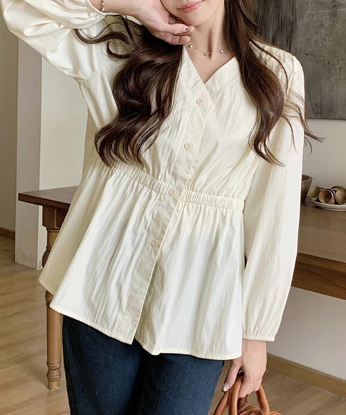 ブラウス シャツ 選べる2TYPE Vネック＆襟付きティアードデザイン
