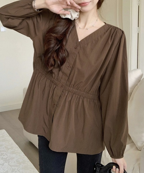 ブラウス シャツ 選べる2TYPE Vネック＆襟付きティアードデザイン