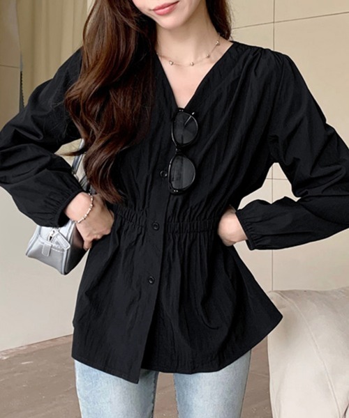 ブラウス シャツ 選べる2TYPE Vネック＆襟付きティアードデザイン