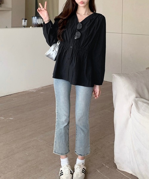 ブラウス シャツ 選べる2TYPE Vネック＆襟付きティアードデザイン