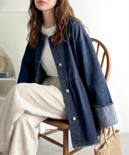 【美品】エムズグレイシー ノーカラー デニム ジャケット フリンジ 日本製 エムズグレイシー ノーカラー デニム ジャケット フリンジ 日本製