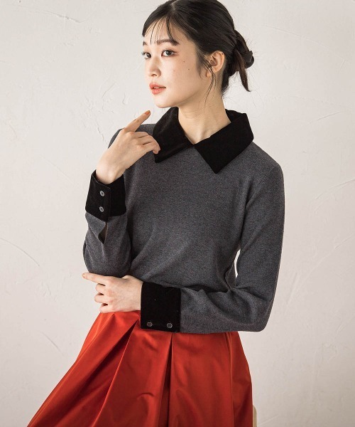 ドロワットロートレアモン（Droite lautreamont）/ベロア襟付きニット≪手洗い可能≫ Droite lautreamont（ドロワット・ロートレアモン） ニット セーター