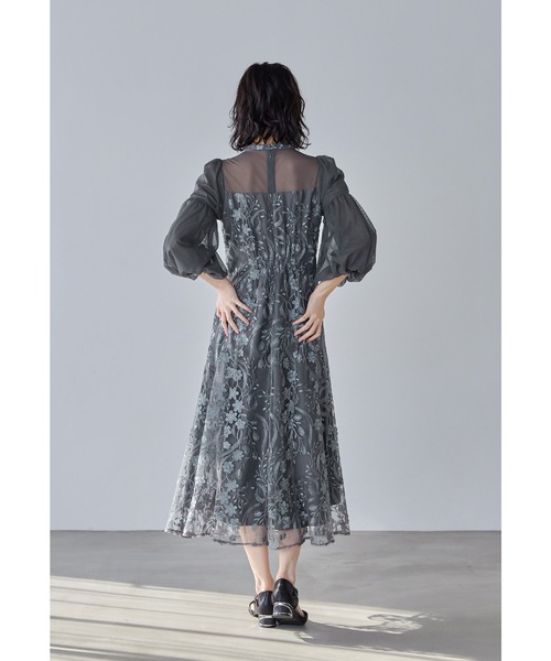 フレアドレス 長袖 シアー グレー L 結婚式 ワンピース GIRL DRESS FOR NOW ドレス レース切替えシアー フレア ロング 結婚式