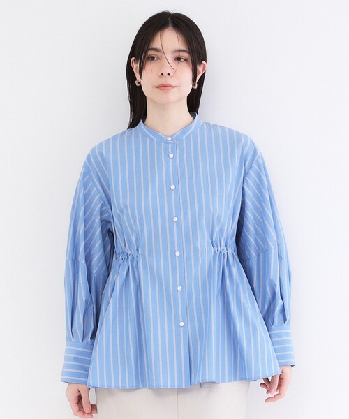 新品 OPAQUE.CLIP バンドカラー ペプラムシャツ レディース L 青 OPAQUE.CLIP｜バンドカラーペプラムシャツ【洗濯機洗い可】 | Rakuten