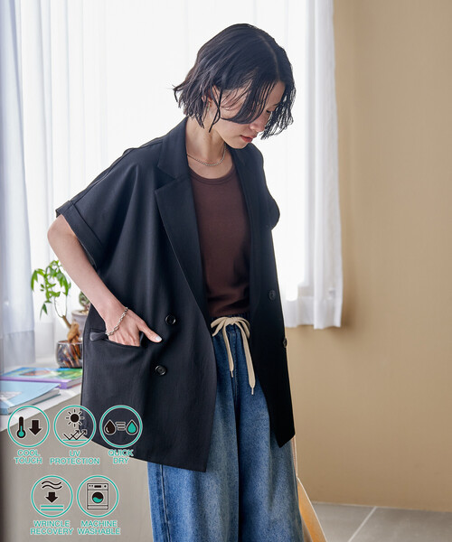 ジャケット テーラードジャケット 接触冷感/UVカット LINEN TOUCH ダブルブレスト半袖ジャケット/リネンタッチ ジャケット レディースの画像