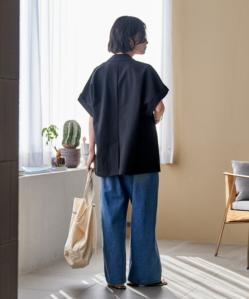 ジャケット テーラードジャケット 接触冷感/UVカット LINEN TOUCH ダブルブレスト半袖ジャケット/リネンタッチ ジャケット レディースの画像