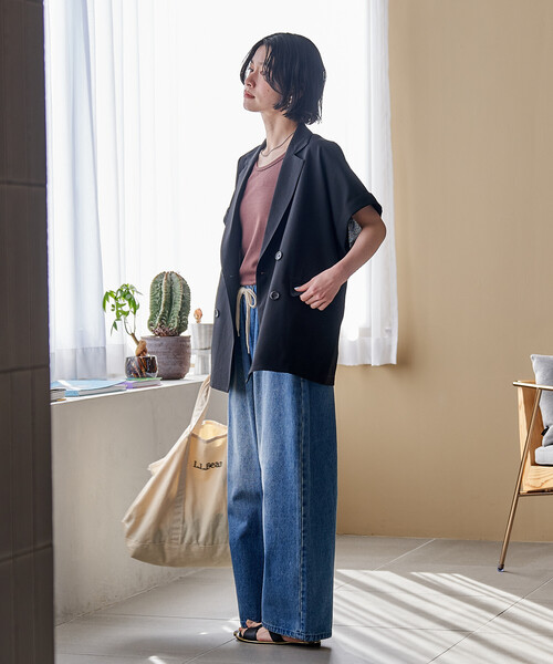 ジャケット テーラードジャケット 接触冷感/UVカット LINEN TOUCH ダブルブレスト半袖ジャケット/リネンタッチ ジャケット レディースの画像