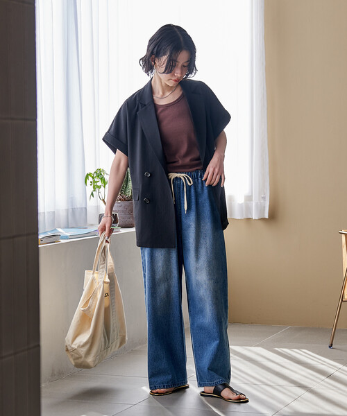 ジャケット テーラードジャケット 接触冷感/UVカット LINEN TOUCH ダブルブレスト半袖ジャケット/リネンタッチ ジャケット レディースの画像