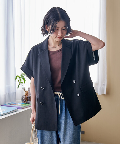 ジャケット テーラードジャケット 接触冷感/UVカット LINEN TOUCH ダブルブレスト半袖ジャケット/リネンタッチ ジャケット レディースの画像