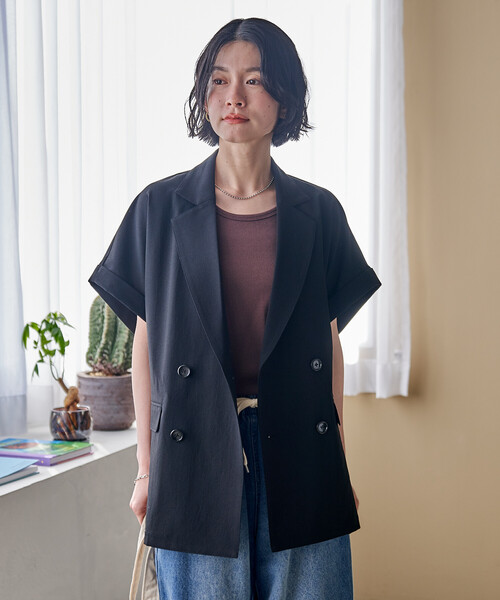 ジャケット テーラードジャケット 接触冷感/UVカット LINEN TOUCH ダブルブレスト半袖ジャケット/リネンタッチ ジャケット レディースの画像