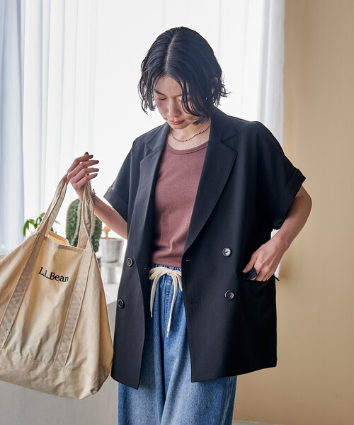 ジャケット テーラードジャケット 接触冷感/UVカット LINEN TOUCH ダブルブレスト半袖ジャケット/リネンタッチ ジャケット レディースの画像