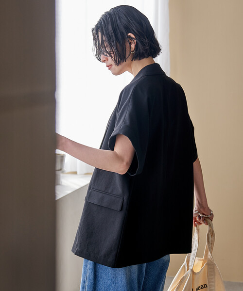 ジャケット テーラードジャケット 接触冷感/UVカット LINEN TOUCH ダブルブレスト半袖ジャケット/リネンタッチ ジャケット レディースの画像