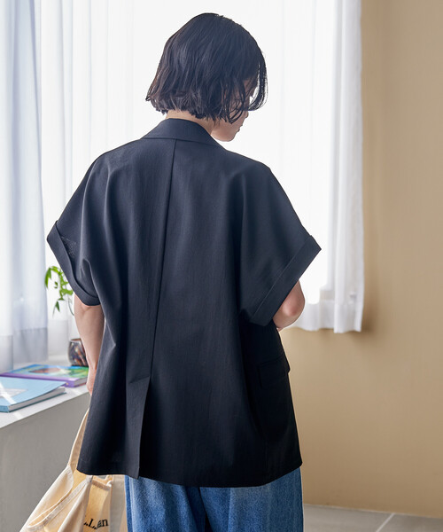 ジャケット テーラードジャケット 接触冷感/UVカット LINEN TOUCH ダブルブレスト半袖ジャケット/リネンタッチ ジャケット レディースの画像