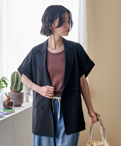 ジャケット テーラードジャケット 接触冷感/UVカット LINEN TOUCH ダブルブレスト半袖ジャケット/リネンタッチ ジャケット レディースの画像