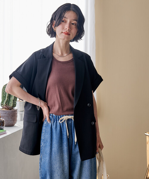 ジャケット テーラードジャケット 接触冷感/UVカット LINEN TOUCH ダブルブレスト半袖ジャケット/リネンタッチ ジャケット レディースの画像