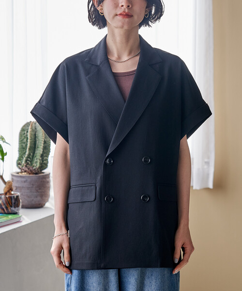 ジャケット テーラードジャケット 接触冷感/UVカット LINEN TOUCH ダブルブレスト半袖ジャケット/リネンタッチ ジャケット レディースの画像