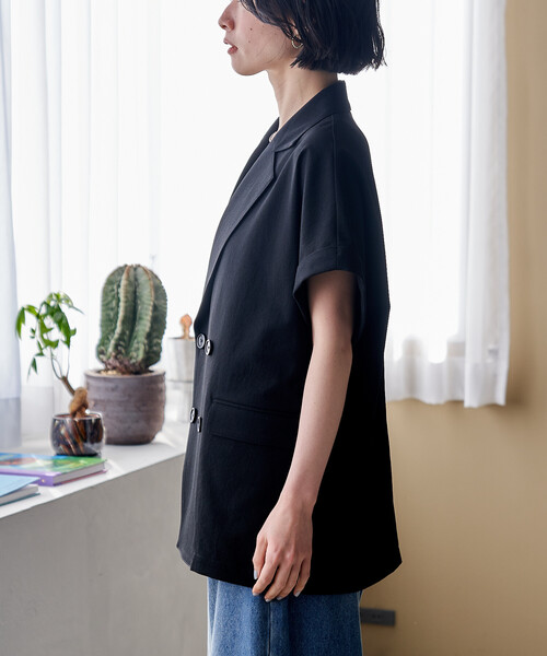 ジャケット テーラードジャケット 接触冷感/UVカット LINEN TOUCH ダブルブレスト半袖ジャケット/リネンタッチ ジャケット レディースの画像