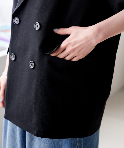 ジャケット テーラードジャケット 接触冷感/UVカット LINEN TOUCH ダブルブレスト半袖ジャケット/リネンタッチ ジャケット レディースの画像