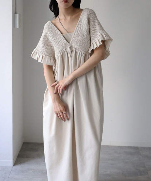 YENNA ワンピース 夏 シャーリングVネック フリルスリーブワンピース