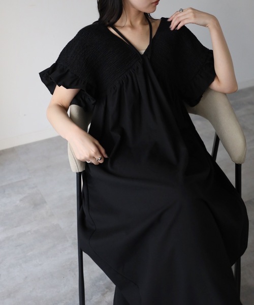 YENNA ワンピース 夏 シャーリングVネック フリルスリーブワンピース