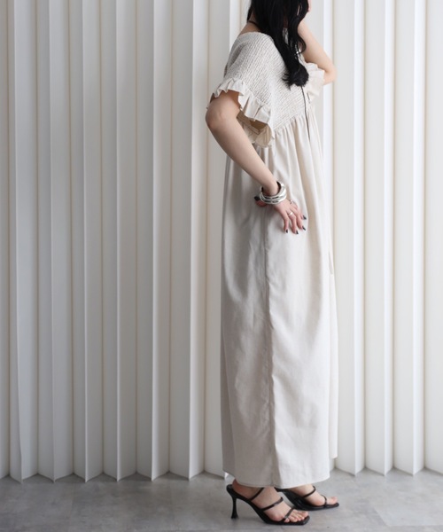 YENNA ワンピース 夏 シャーリングVネック フリルスリーブワンピース