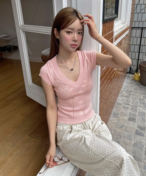 UNE MANSION（ユヌマンション） tシャツ 半袖 シンプルVネック柄編み