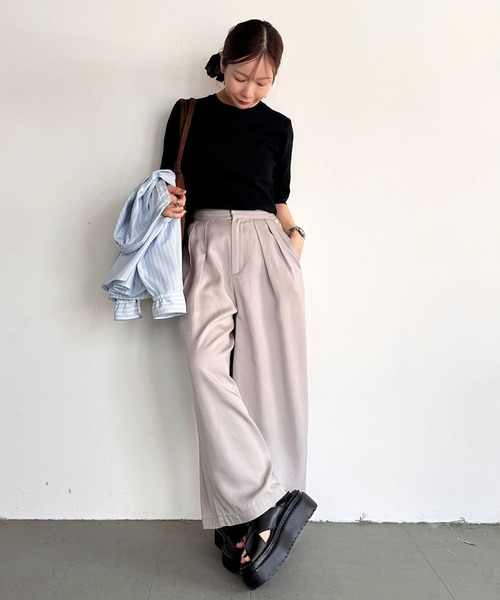 ワイドパンツ パンツ 「低身長caho146cmさんコラボ」ストレートワイドパンツ レディースの画像