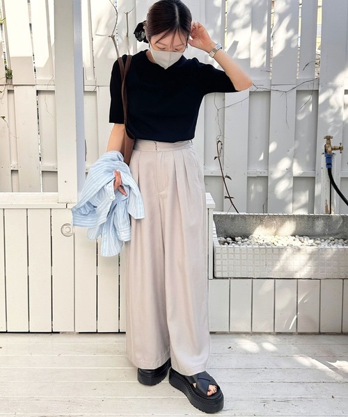 ワイドパンツ パンツ 「低身長caho146cmさんコラボ」ストレートワイドパンツ レディースの画像
