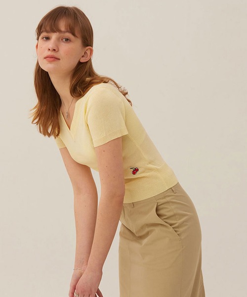 ニット セーター KIRSH CHERRY V-KNCK SHORT SLEEVE SLIM KNIT LS キルシーVネックニット レディース