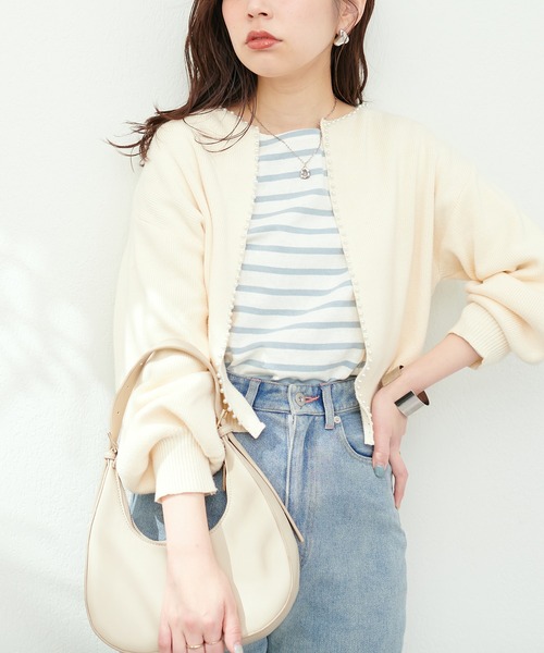 natural couture カーディガン 新色登場！/パールトリムクルー