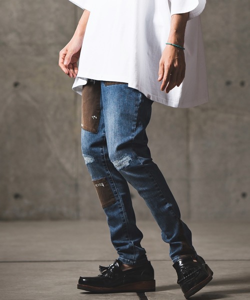 デニムパンツ セール】mp10765- Patchwork design tight-fit denim pants