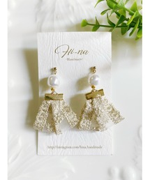 【国内発送】Helen ビッグパール＆キラキラタッセル ピアス TONE ピアス 「Hi-na」バロックパール×オーガンジー刺繍リボン